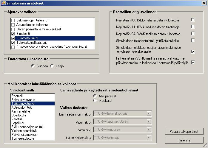 48 Kuva 4. Simuloinnin asetukset 5.4 Taulukoinnin asetusten muokkaus 1. Käyttäjä valitsee SISU-valikosta / Taulukoinnin asetukset. Sovellus avaa valintanäytön.