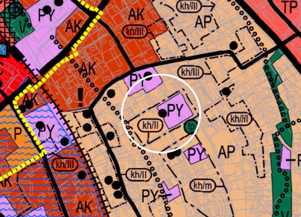 Kuva 5. Ote Järvenpään yleiskaavasta 2020 (kv 9.8.2004 64). Kaava-alueen likimääräinen sijainti ympyröity valkoisella.