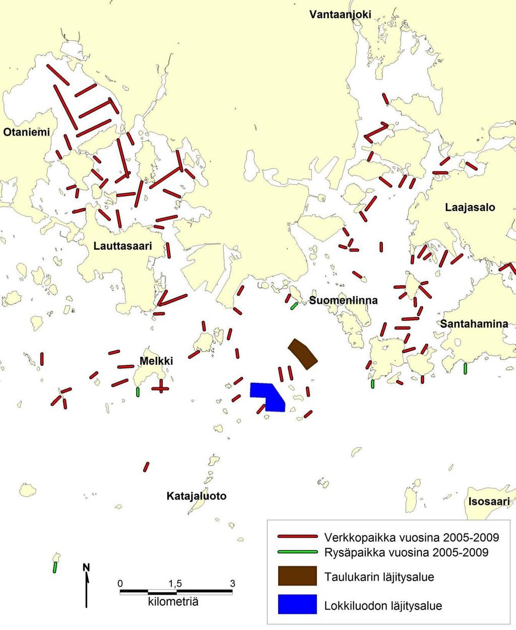 Kuva 17. Ammattikalastajien ilmoittamat pyyntipaikat pyydyksittäin Helsingin merialueella vuosina 2005 2009. 5.