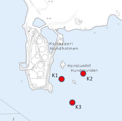 Kuva 1. Koirasaaren alueen pohjaeläinselvityksen näytepisteet ( ) vuonna 2013. Näytepisteiden tarkka sijainti käy ilmi taulukosta 1.