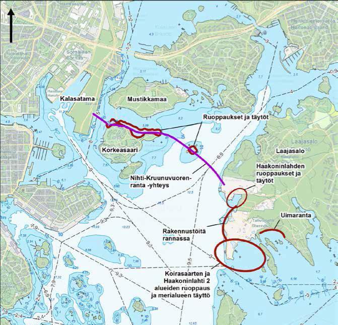 Ehdotus vesistötarkkailuohjelmaksi 4 (14) 13.10.2015 massa on arvioitu meriläjityskelpoiseksi. Kaava-alueen rakentamiseen arvioidaan tarvittavan noin 1 200 000 m 3 täyttömassoja.