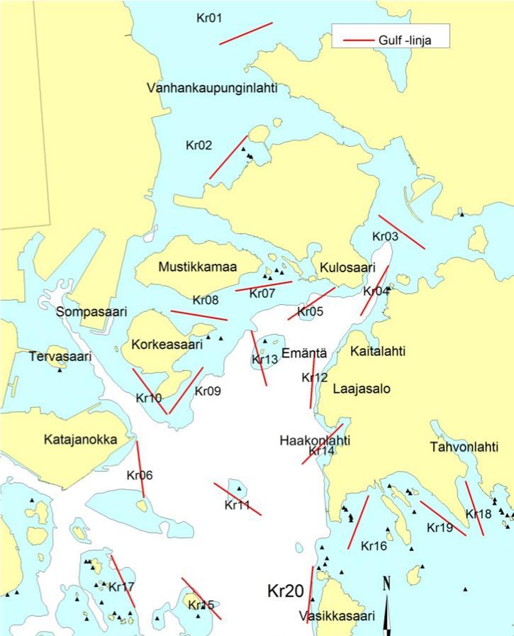 Kuva 3. Kruunuvuorenselän Gulf olympia -linjasto vuonna 2011. Alueella tehtiin poikasnuottauksia viidellä nuottaukseen hyvin soveltuvalla nuottauspaikalla (kuvat 4 ja 5).