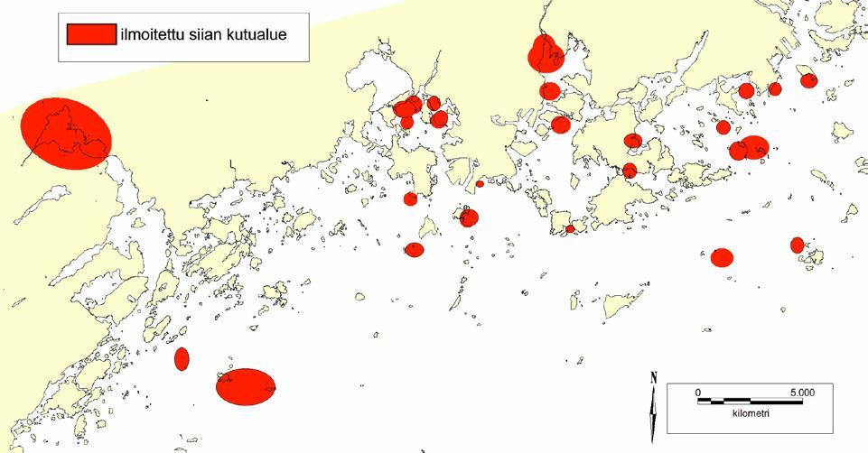 Kuva 4. Ammattikalastajien ja asiantuntijoiden ilmoittamat kutualueet Helsingin ja Espoon merialueella. Liikennevirasto, lupanumero 5425/1024/2010.