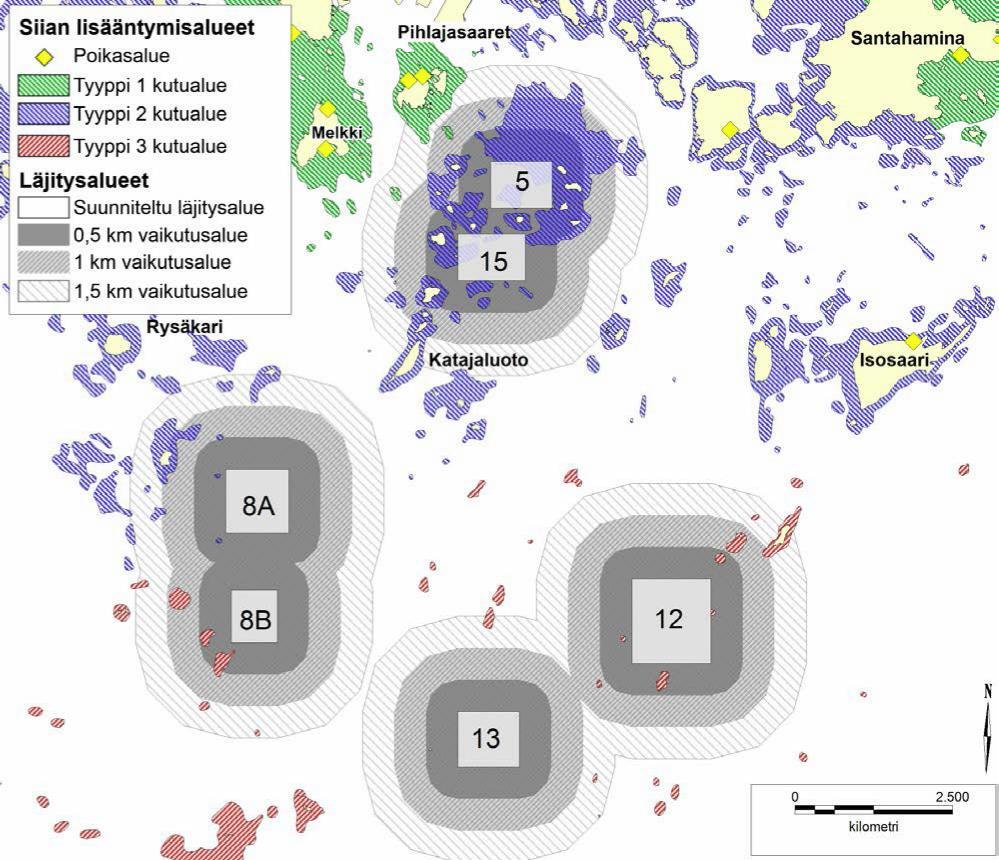 Kuva 8. Suunniteltujen läjityspaikkojen vaikutusalueet ja niiden lähellä sijaitsevat siian kutu- ja poikasalueet. Liikennevirasto, lupanumero 5425/1024/2010. 6.