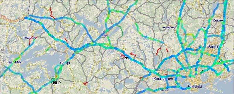28 Kuva 18. Epätasaisuutta IRI-luokiteltuna läntisellä Uudellamaalla (v. 214 mittaustulokset). Reitin kohteet sijaitsivat Espoon, Kirkkonummen ja Vihdin alueilla.