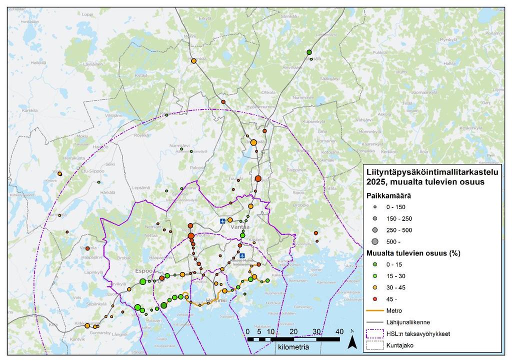 42 Kuva 23. Liityntäpysäköintimallilla tehdyn tarkastelun tulokset muualta tulevien osuudesta.
