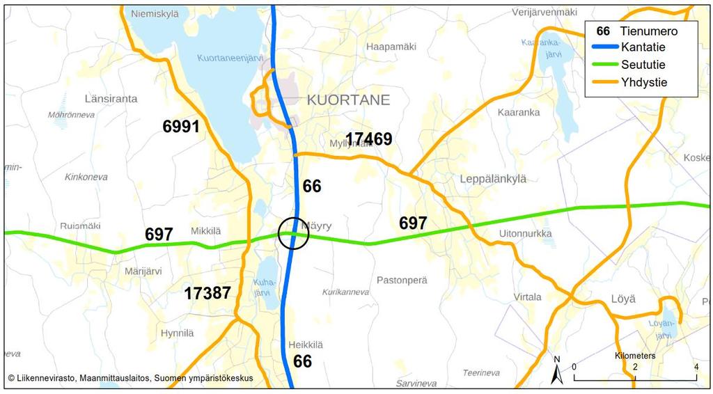 2.3. Kantatien 66 ja seututien 697 liittymä Kuortaneella Liittymä sijoittuu Kuortaneen taajaman eteläpuolelle noin 3,5 kilometrin etäisyydelle keskustasta.