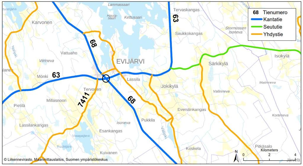 2.4. Kantatien 68 ja 63 liittymä Evijärvellä Kantateiden 63 ja 68 liittymä sijoittuu noin 1 kilometrin päähän Evijärven keskustasta. Kuva 20.