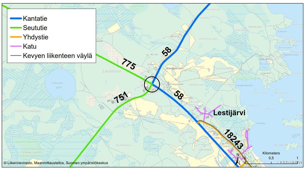 2.5. Kantatien 58 sekä seututeiden 751 ja 775 liittymä Lestijärvellä Liittymä sijoittuu Lestijärven taajaman luoteispuolelle noin 1,5 kilometrin etäisyydelle Lestijärven keskustasta. Kuva 26.