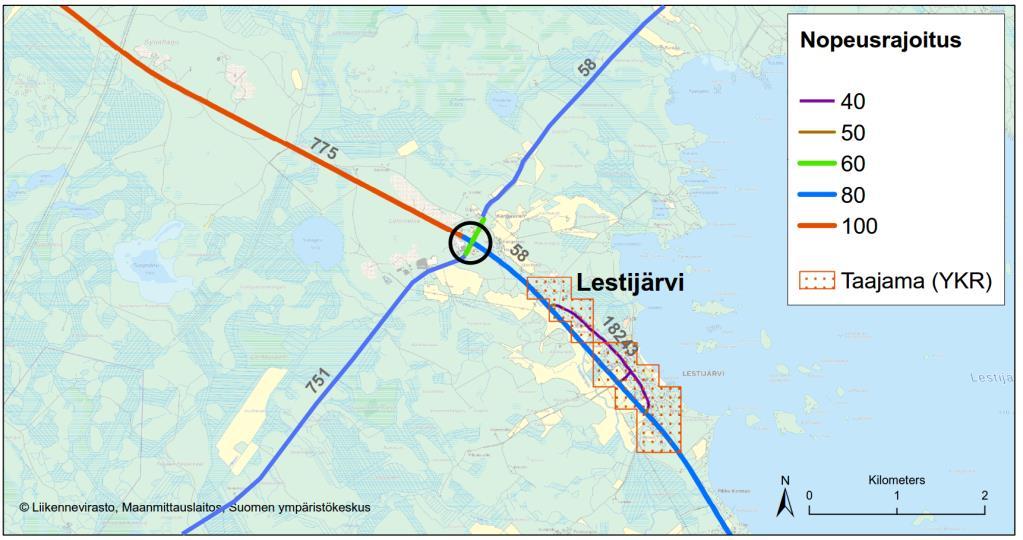 Liittymän pääsuunnan muodostavat kantatie 58 ja seututie 775. Kantatiellä on epäjatkuvuuskohta liittymässä. Nelihaaraliittymä on avoin liittymä eikä siinä kääntymiskaistoja.