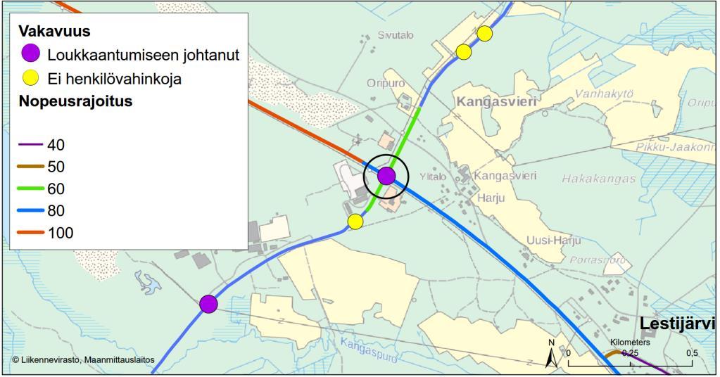 Onnettomuudet vuosilta 2012-2016 ja nykyiset nopeusrajoitukset.