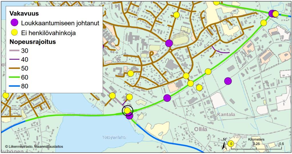 Kuva 35. Onnettomuudet vuosilta 2012-2016 ja nykyiset nopeusrajoitukset. Kuva 36. Liikennemäärät KVL 2015 ja valaistut tieosuudet.