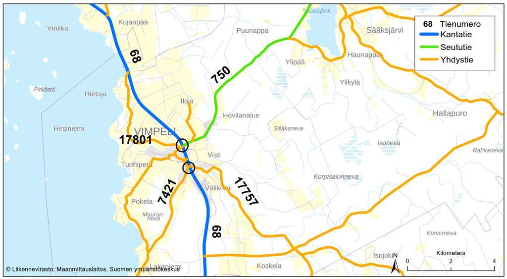 2.7. Kantatien 68 pohjoinen ja eteläinen liittymä Vimpelissä Selvityksessä oli mukana kaksi maantieverkon liittymää