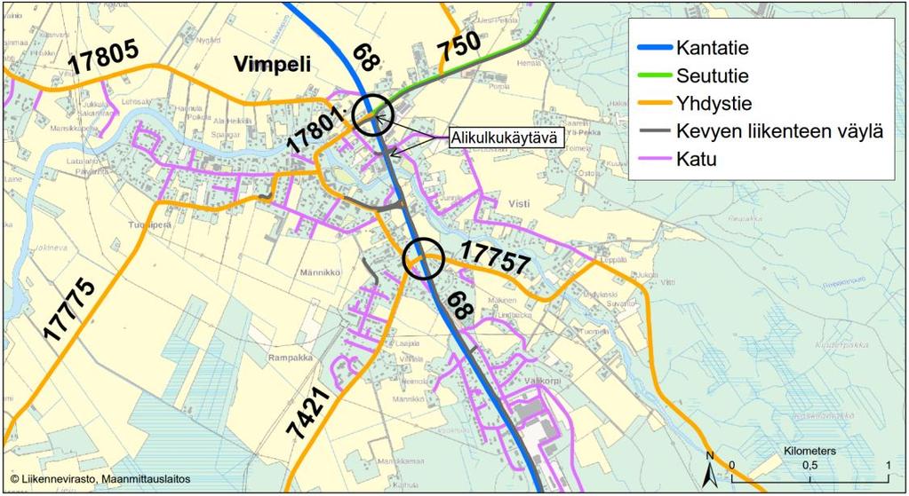 Eteläisen liittymän sivusuuntina ovat yhdystiet 7421 ja 17757. Kuva 37. Liittymien sijainti Vimpelin tieverkolla. Kuva 38.