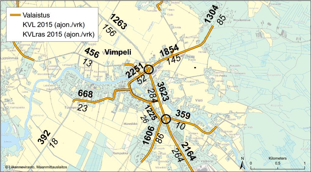 Kuva 43. Liikennemäärät KVL 2015 ja valaistut tieosuudet.
