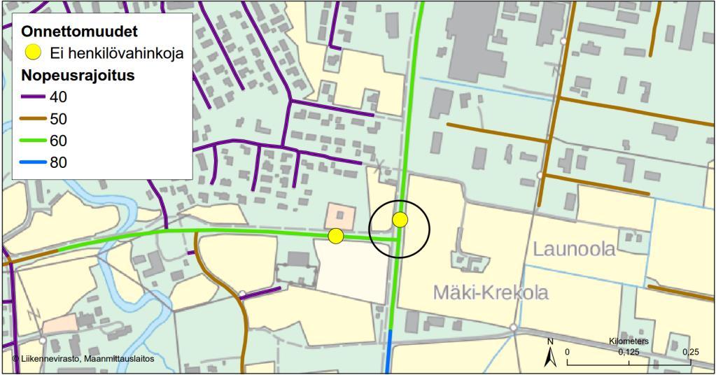 Kuva 6. Onnettomuudet vuosilta 2012-2016 ja nykyiset nopeusrajoitukset.