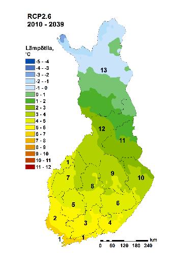 Suomen vuotuinen keskilämpötila muuttuvassa ilmastossa 2010-39 ja 2040-69 RCP2.