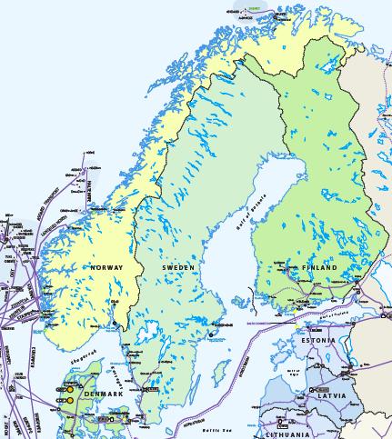 Pohjoismainen maakaasuverkosto Maakaasuverkosto on pohjoismaissa rajallinen. EU:n alueella maakaasun osuus primäärienergiasta on n. 24% - Suomessa n. 7% - Ruotsissa n.