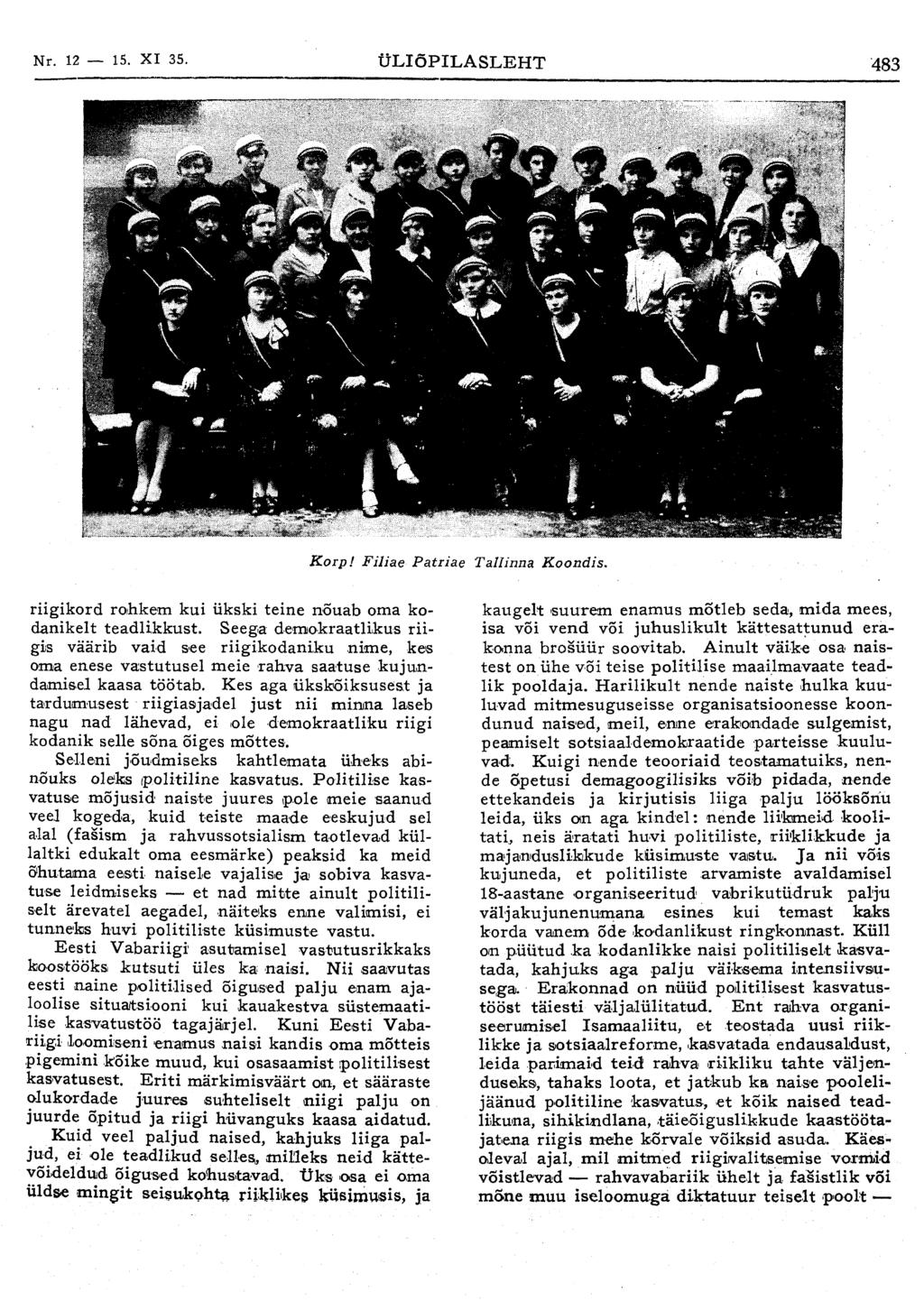 Nr. 12 15. XI 35. ÜLIÕPILASLEHT 483 Korp! Filiae Patriae Tallinna Koondis. riigikord rohkem kui ükski teine nõuab oma kodanikelt teadlikkust.