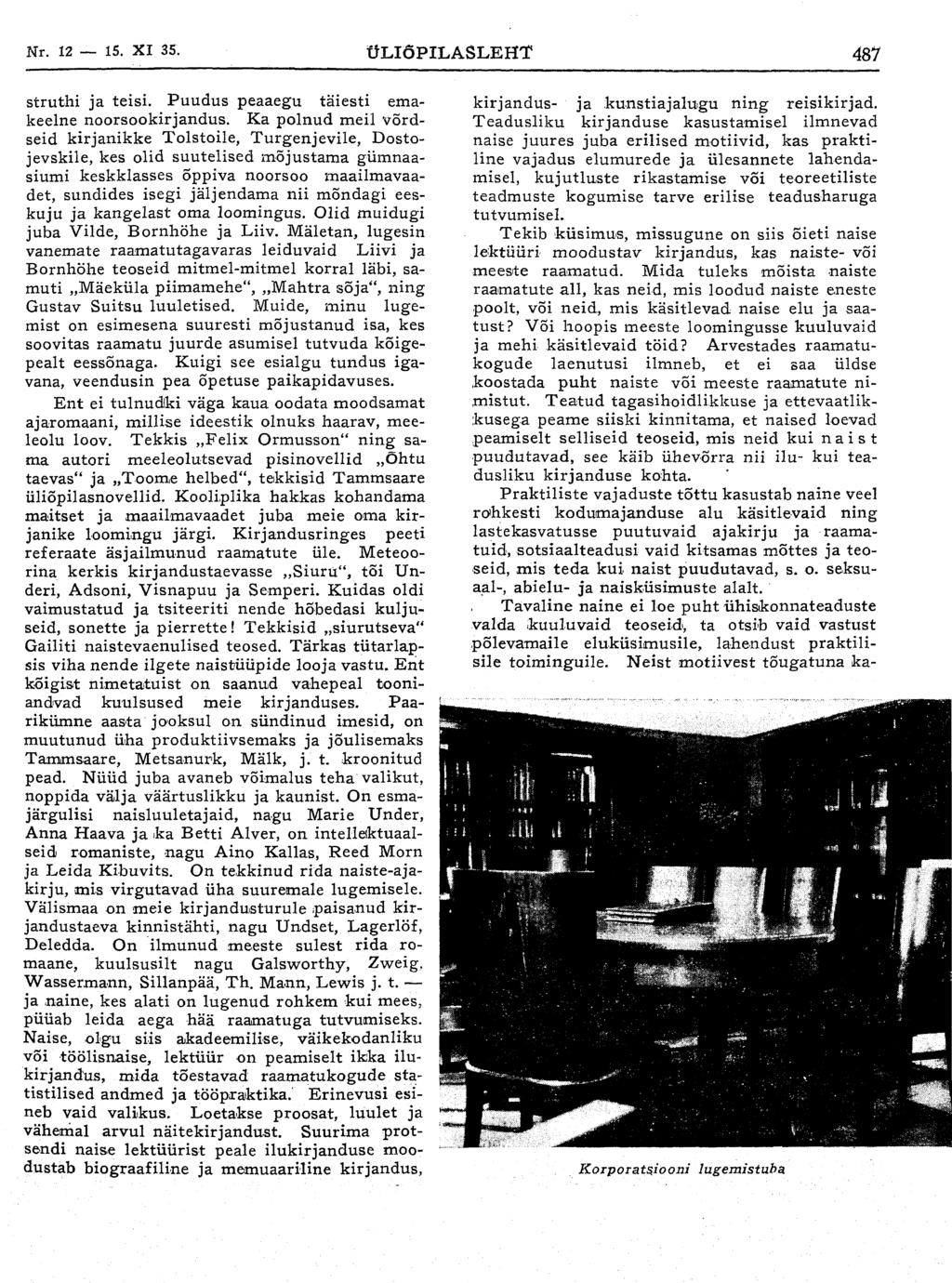 Nr. 12 15. XI 35. ÜLIÕPILASLEHT 487 struthi ja teisi. Puudus peaaegu täiesti emakeelne noorsookirjandus.
