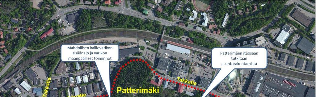 Suunnittelualue Suunnittelualueeseen kuuluu koko Patterimäen puistoalue, Takkatien ja Arinatien eteläpuolella olevat työpaikkakorttelit, asuinkerrostalotontti Pitäjänmäentien varressa sekä Pajamäen