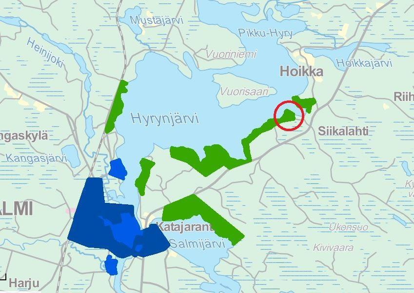 14 Kuva 11 Lähistön asemakaavat esitetty sinisellä ja ranta-asemakaavat vihreällä. Punaisella ympyrällä nyt kumottavan kaavan sijainti Hyrynsalmen kunnanvaltuusto on 17.6.