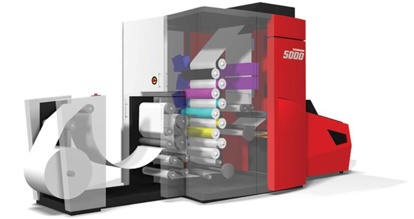 13 painettava pinta-ala on 484 mm. Hansaprintin käytössä on useita eri paperilaatuja väliltä 80 g/m² ja 280 g/m². Kuva 3. Xeikon 5000 -painokoneen rakenne (7). Kuvarumpu valotetaan LED-matriisilla.