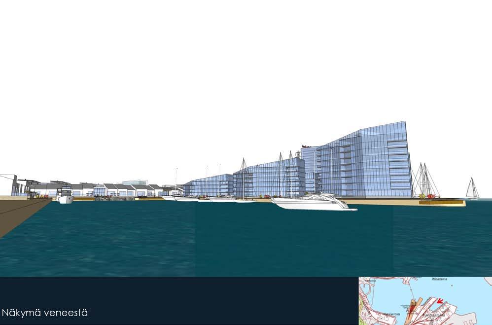 Kuva 33. Havainnekuva. Näkymä veneestä kohti Kantasatamaa. Kuva AHR Architects.