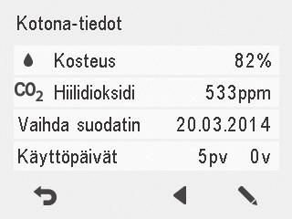 Profiilin ensimmäisellä tietonäytöllä on seuraavat tiedot: Tuloilma Ilmaisee sisätiloihin puhallettavan ilman lämpötilan sekä tuloilman lämpötilaksi asetetun arvon (suluissa), jos tuloilma on