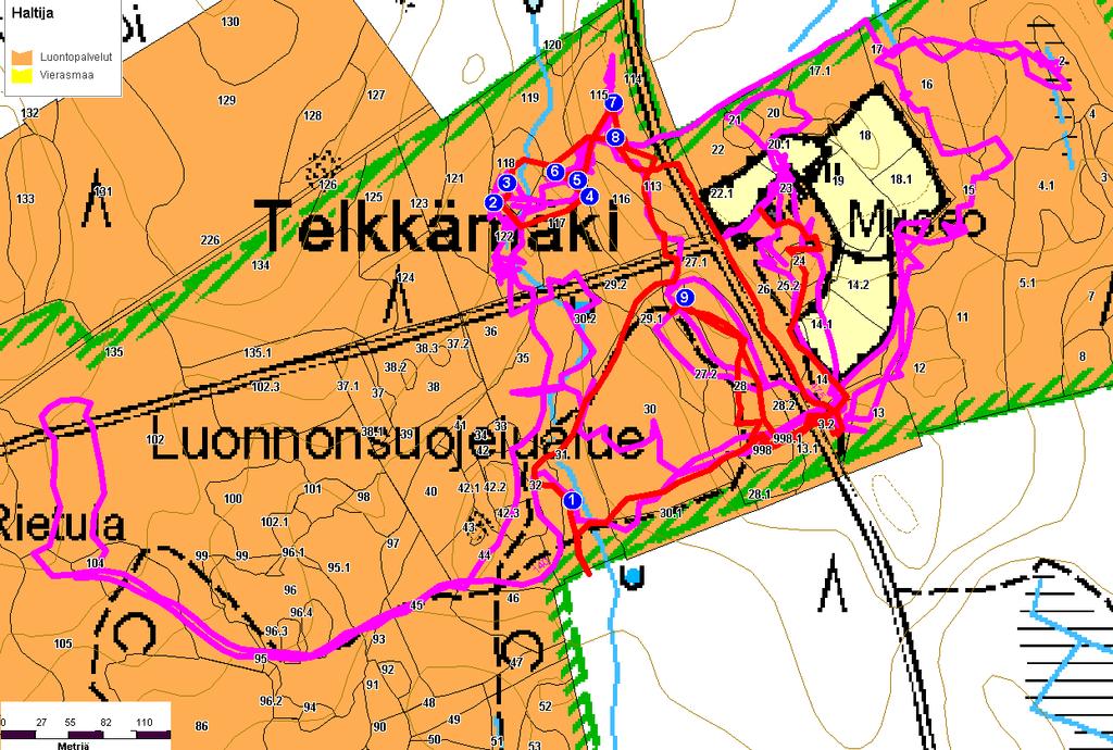 Arvio kohteen kartoitustehokkuudesta Kartoitustehokkuustaso 3. Kohteen tietyt osat (jotka näkyvät tallennetussa jäljessä) on hyvin kartoitettu kaikkien lahojen lehtipuuresurssien osalta (kuva 11.). Kuva 11.