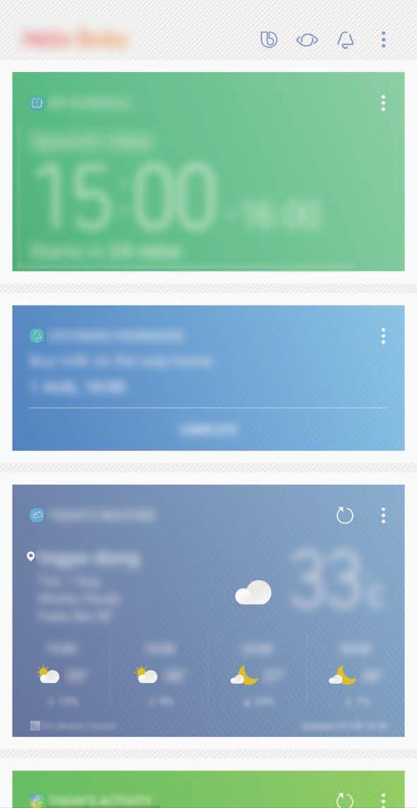 Suositellun sisällön käyttäminen Bixby Home -näytössä Kun avaat Bixby Home -näytön, voit tarkastella usein päivitettävää sisältöä Bixby-kortteina.