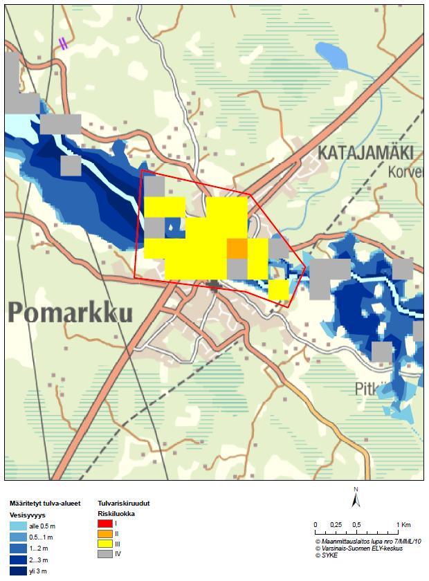 Kuva 6. Ehdotus muuksi vesistötulvariskialueeksi Pomarkussa.