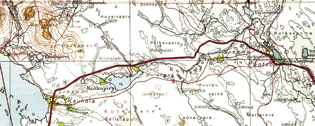 Pätkä Rovaniemeltä Muonioon johtavaa tietä Kulkujoen kohdalla Vasemmalla Jerisjärvi Korkeuskäyrät rajoittuvat vasempaan ylänurkkaan, eli topografinen maastotyö oli tuolloin vielä kesken Oma lukunsa