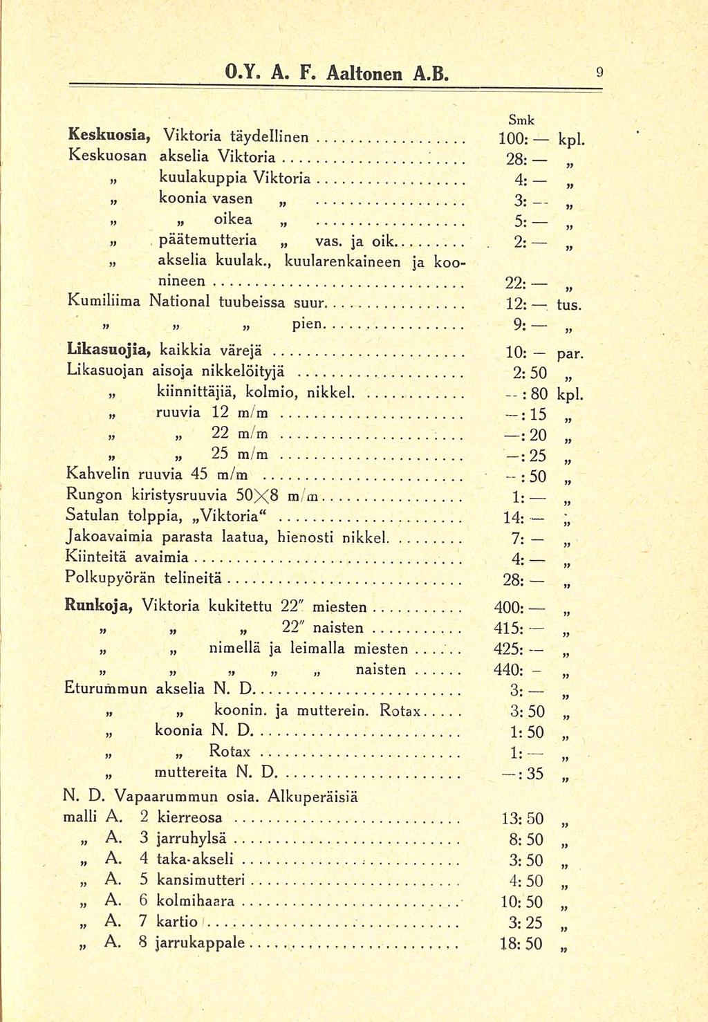 22: 4* O.Y. A. F. Aaltonen A.B. Keskuosia, Viktoria täydellinen 100: kpl. Keskuosan akselia Viktoria 28: kuulakuppia Viktoria 4: koonia vasen 3 :» n oikea 5: ~ päätemutteria vas.