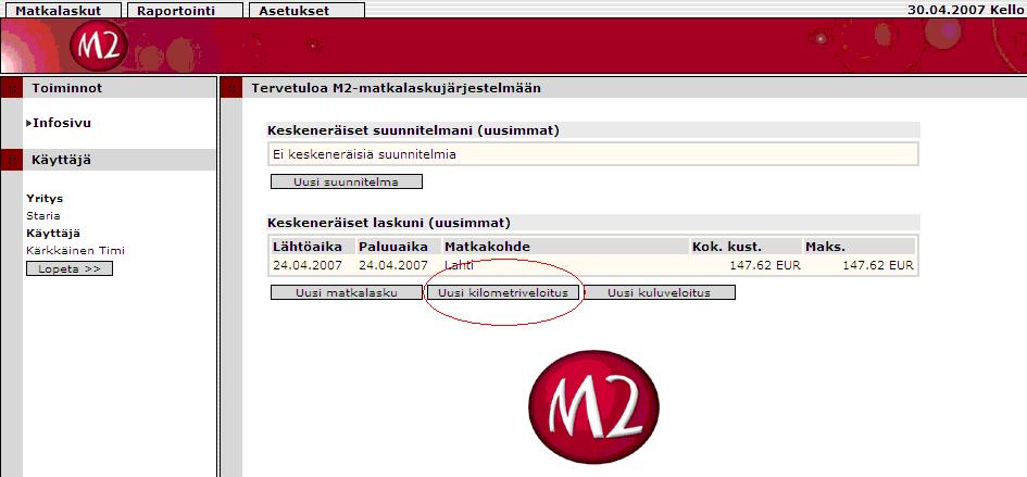 Kilometriveloituksien kirjaaminen Kun kirjataan ainoastaan kilometrikorvauksia, niin