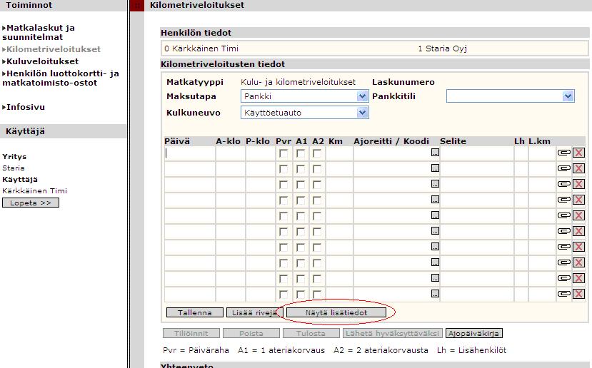 Kirjataan kilometrit aloittaen valitsemalla maksutapa ja kulkuneuvo.