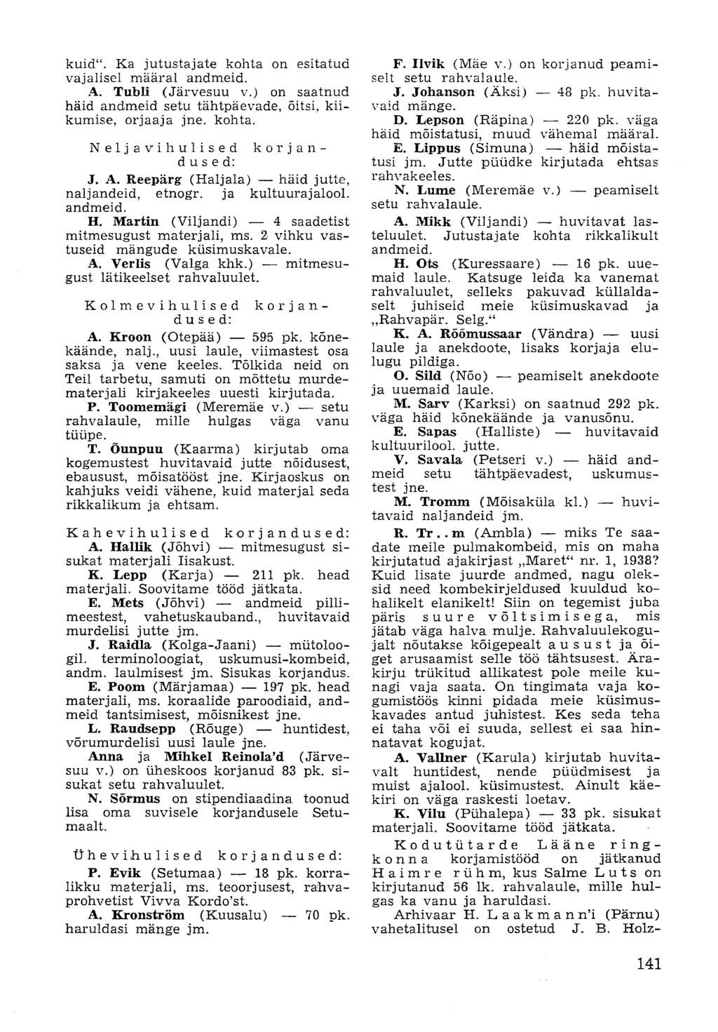 kuid". Ka jutustajate kohta on esitatud vajalisel määral andmeid. A. Tubli (Järvesuu v.) on saatnud häid andmeid setu tähtpäevade, õitsi, kiikumise, orjaaja jne. kohta. Neljavihulised korjandused: J.