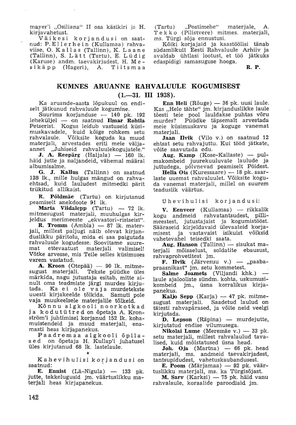 mayeri,,osiliana" II osa käsikiri ja H. kirjavahetust. Väikesi korjandusi on saatnud: P. Ellerhein (Kullamaa) rahvaviise, O. Kallas (Tallinn), K. Laane (Tallinn), S. Latt (Tartu), E.
