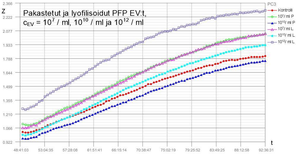 Eksponentiaalisen kasvun loppuvaiheessa proliferaatio oli suurempaa soluilla, joiden joukkoon oli lisätty EV:tä.