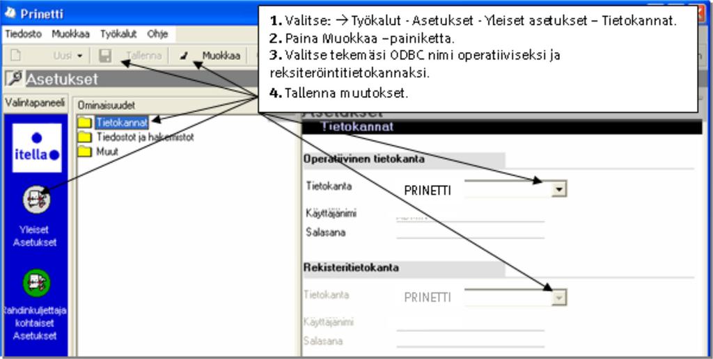 12 of 18 Määritä Prinetin käyttöliittymien asetuksissa Prinetissä käytettävän SQL tietokannan asetukset. o o o Avaa Prinetti ja valitse Työkalut Asetukset Yleiset Asetukset Tietokannat.