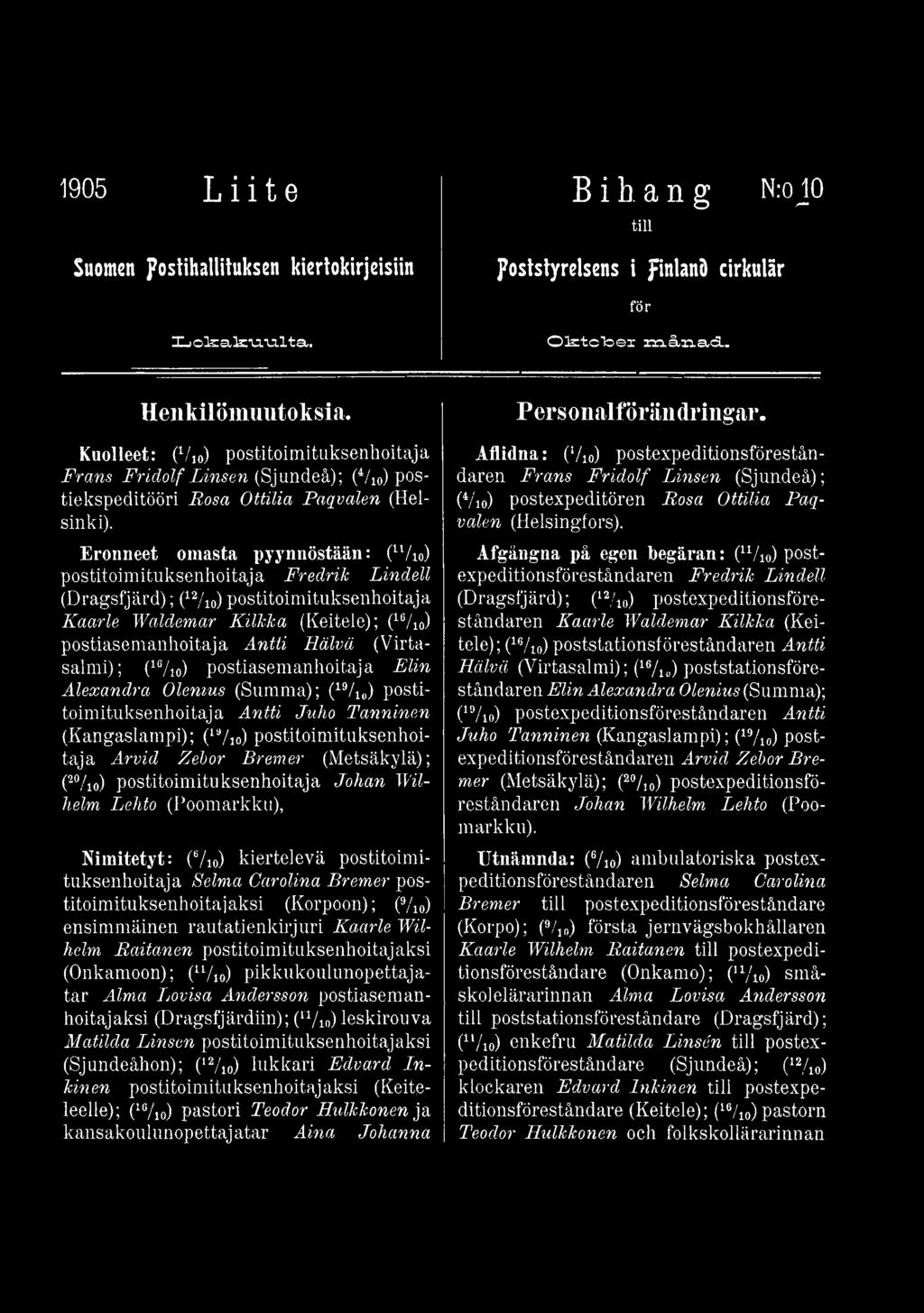 (Metsäkylä); (2%o) pöstitoimituksenhoitaja Johan Wilhelm Lehto (Poomarkku), Nimitetyt: (6/io) kiertelevä postitoimituksenhoitaja Selma Carolina Bremer postitoimituksenhoitajaksi (Korpoon); (9/i0)