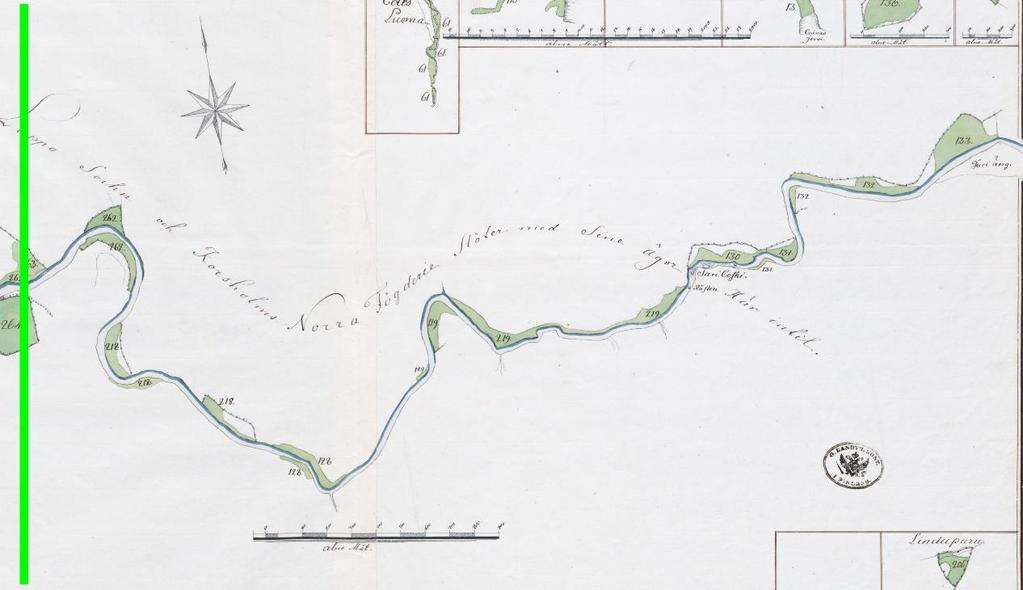 5 Vanhoja karttoja Ote vuoden 1760 isojakokartasta (Alavus E49:4/1-12). Kartan vasempaan laitaan lisätty vihreä viiva merkkaa kaava-alueen länsilaitaa.