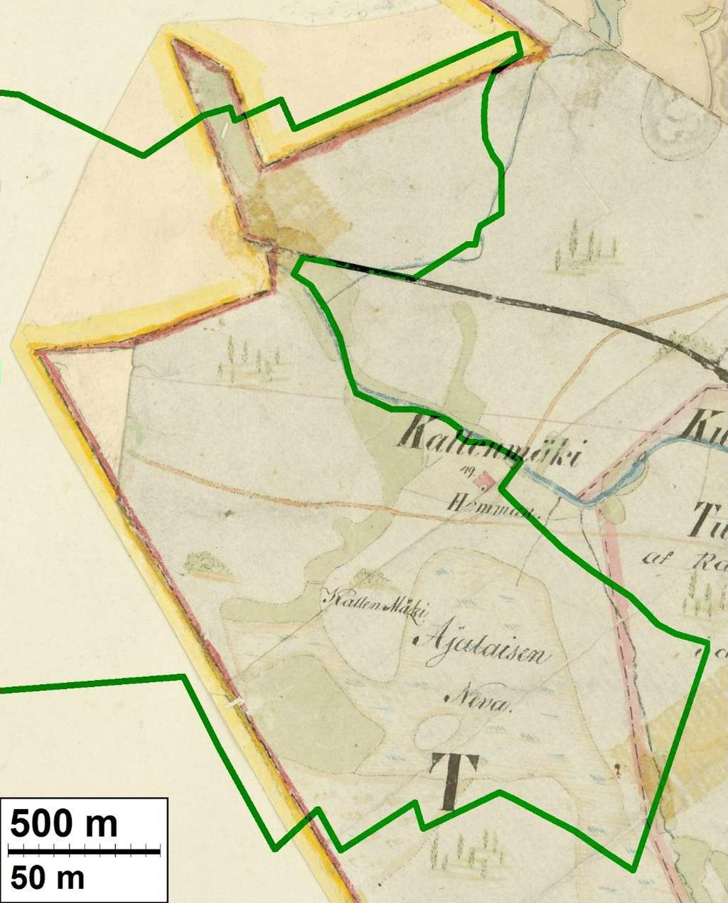 6 Ote vuoden 1840-luvun pitäjänkartasta (Töysä 2223 09, Töysän alueen pitäjänkarttoihin ei ole merkattu painovuotta).