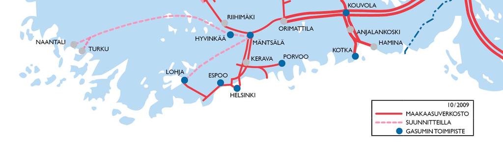 000 m 3 /h (~ 8000 MW) Lisäksi matalapaineista jakeluverkostoa noin 1 800 km (ei näy kartassa) Gasumin jakeluverkoston osuus on