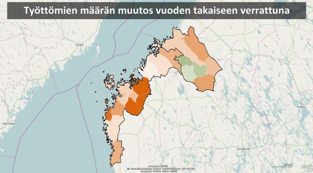 Työttömyys kasvoi edellisestä vuodesta 9 prosenttia, kun vastaava kasvu koko maassa oli 11 prosenttia. Työttömien määrästä kokoaikaisesti lomautettuja oli 1 282.