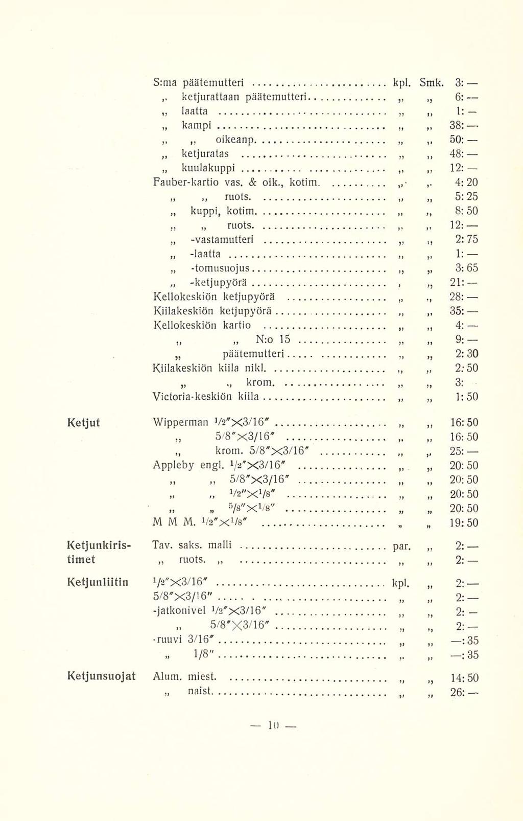 S:ma päätemutten kpl Smk 3: ~ ~ ketjurattaan 6; päätemutteri laatta l: kampi 38: ~ oikeanp ~ 50: ketjuratas 48: kuulakuppi 12: Fauberkartio vas & oik kotim ~ 4:20 ruots 5:25 kuppi kotim 8: 50» ruots