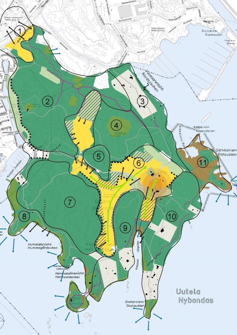 Maisema-alueet Esimerkki: Maisema-alue nro 6 Maisemarakenne ja maisemakuva: Uutelan keskiosan osittain avoin ja ossittain umpeutunut laaksokokonaisuus, jota reunustavat pitkänomaiset kallioiset
