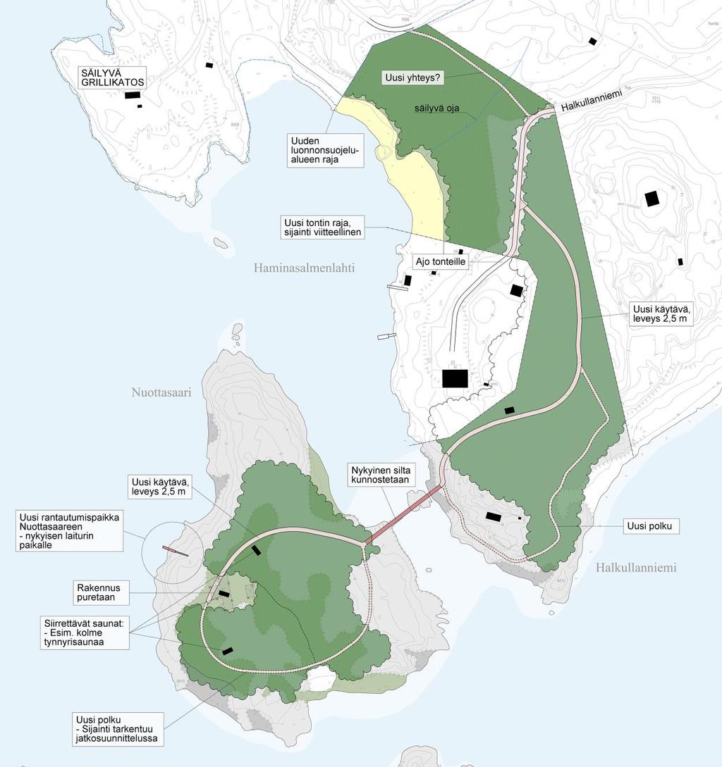 Halkullanniemi ja Nuottasaari Halkullanniemi ja Nuottasaari virkistyskäyttöön Uusi noin 2,5 m levyinen käytävä (uusien