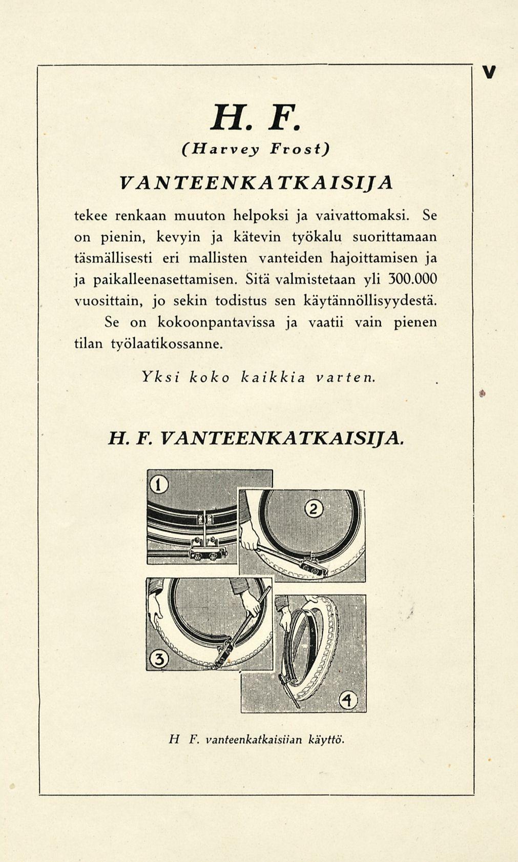 H. F. (Harvey Frost) VA N TEENKÄ TKAISIJA tekee renkaan muuton helpoksi ja vaivattomaksi.