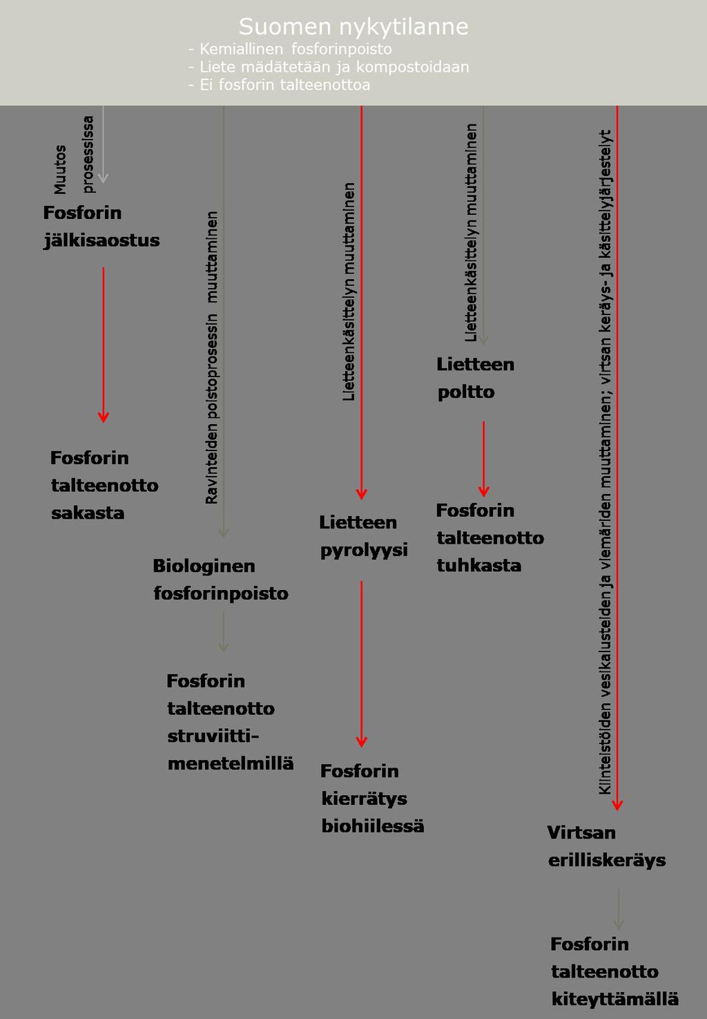 Kuva 4.7. Fosforin nykytilaa tehokkaamman kierrätyksen mahdollistavat prosessi- ja rakennemuutokset.